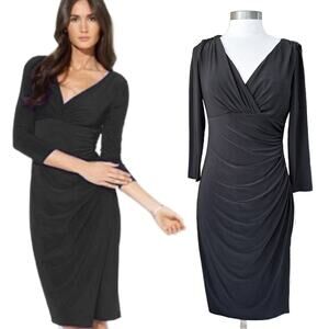 LAUREN Ralph Lauren Black Ruched Jersey Sheath Dress Size 8 V-Neck  3/4 Sleeve